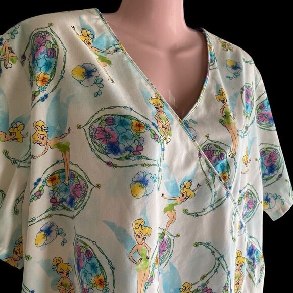 Disney Scrub Top Women's Size 2XL White Tinkerbell Floral Mock Wrap - Picture 2 of 7